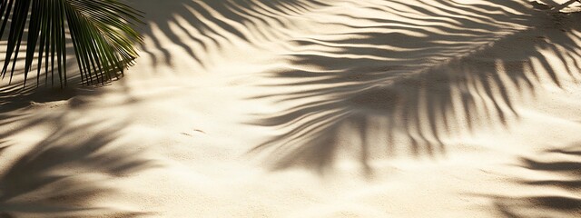 Obraz premium Sand and shadow on the beach from palm leaves. Beige static texture. Template for travel and package design. 