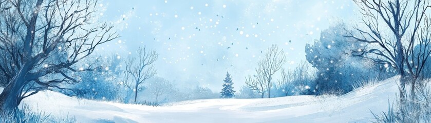 Serene Winter Wonderland Landscape with Snowy Path through Bare Trees
