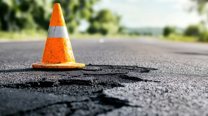 Traffic cone marking a road repair site on a sunny day