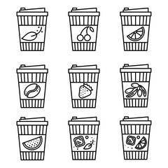 A set of linear images of paper cups with hot and cold drinks in the assortment. 