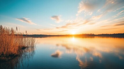 A calm lake with tall reeds in the foreground reflecting