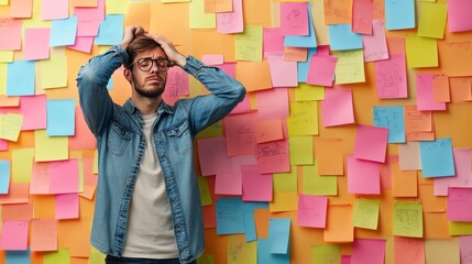 Obraz premium Tired man on sticky notes wall, head in hand.
