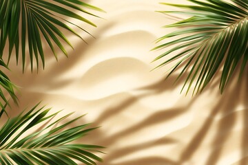 Fototapeta premium Sand and shadow on the beach from palm leaves. Beige static texture. Template for travel and package design. 