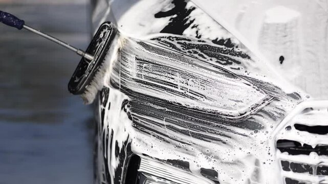 Man washes a car using a special brush at a car wash. Close up of man wash left headlight. The car is in foam