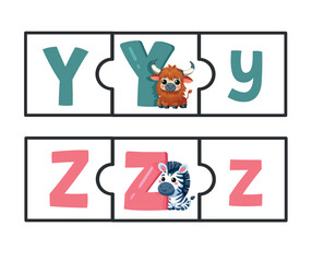 english alphabet puzzle with cute animals uppercase and lower case letter match Printable worksheet y,z letters
