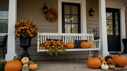 Cozy porch swing decorated for fall. Perfect for a blog post or a website about home decor.
