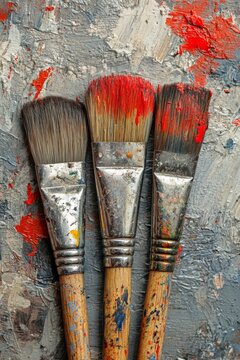 Tres pinceles de pintura desgastados con restos de pintura roja, gris y azul, colocados sobre un lienzo abstracto salpicado de colores.
