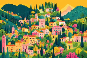 Obraz premium A vibrant, whimsical illustration of a village nestled among lush hills