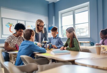 Fototapeta premium A teacher and four students are sitting at a table in a classroom.