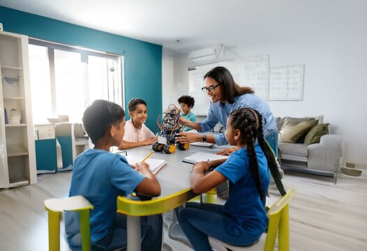 Teacher and students are working on a project with a robot in a classroom setting.