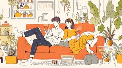 Cozy couple using smartphones on stylish couch surrounded by lush houseplants