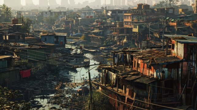 The slum community in the background is a progressive city. telephoto lens realistic moody lighting.