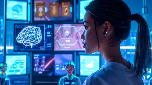 A woman in a futuristic room looking at a computer screen