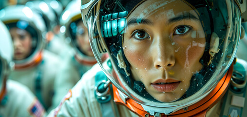 A woman in a space suit with a group of astronauts in the background