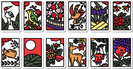 12種類のステッカーミニ花札アイコンセット