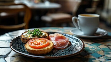 Un plato con tostadas de tomate, jamón y queso gratinado, acompañado de una taza de café en un acogedor café.

