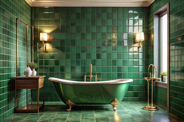 Luxurious bathroom with glossy green ceramic tiles, gold bathroom fixtures, freestanding tub aerial view