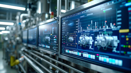 A row of monitors in a factory with a bunch of machines in the background