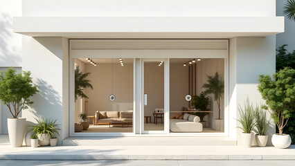 Minimalist Modern White Shop Front With Plants and Natural Light.