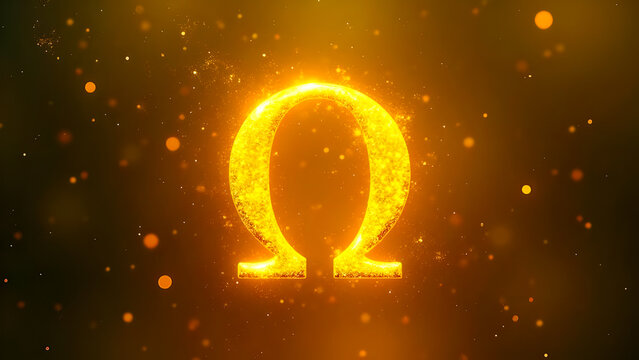 Golden Omega Symbol with Glowing Particles.