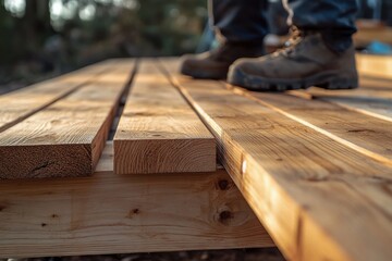A detailed close-up of a wooden deck under construction. A person is carefully aligning