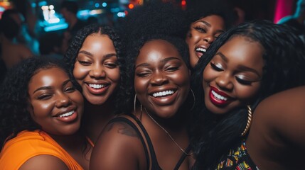 Fototapeta premium Group of smiling friends posing together in vibrant nightclub, joyful expressions and celebration for friendship and nightlife culture. Happy moments and unity during night out for social events
