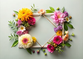 Chic geometric frame featuring vibrant fresh flowers, elevating your home decor. A delightful choice for gifting, blending beauty and elegance seamlessly into any environment.