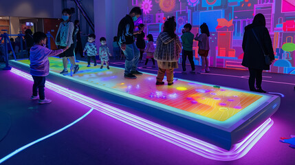 A group of people standing around a large interactive game