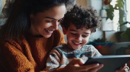 A joyful moment shared between a mother and her child as they explore content on a tablet together in a cozy, plant-filled environment.
