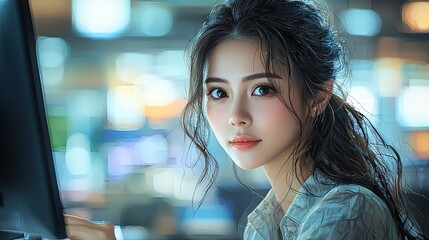 Fototapeta premium Young professional woman working in a modern corporate office