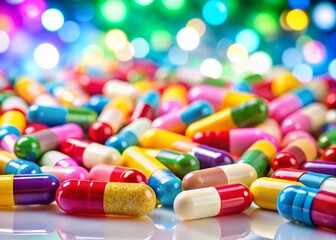 Colorful pills and capsules arranged on a clean white backdrop, accented with a delicate bokeh effect, create a striking image of health and wellness.