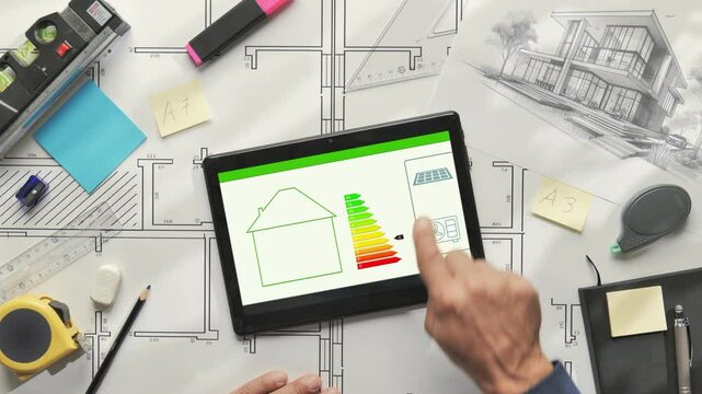 architect designs energy efficient house using tablet device app,designing passive zero emission building at the tablet using application,energy class rating                                           