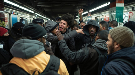 A group of people standing in a subway station