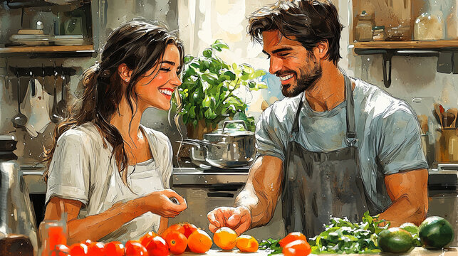 Happy couple enjoying cooking together in a charming kitchen