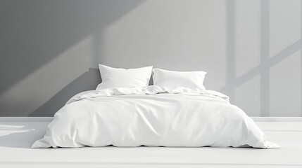 Mockup of empty bedding items. Front view of bed linen on a white bed against a gray wall. Pillows, duvet, and bed sheet in an empty room. Clipping path included. 
