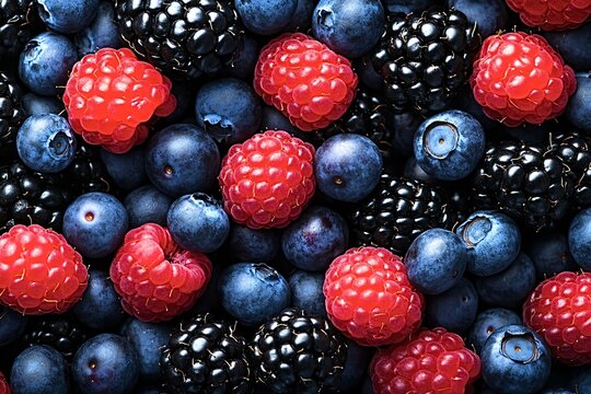 Delicious and healthy mix of blueberries, blackberries and raspberries is laying on a table, creating a colorful berry background