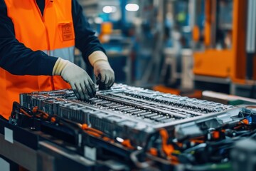 A focused technician in an orange safety vest and gloves is working meticulously on a large electric