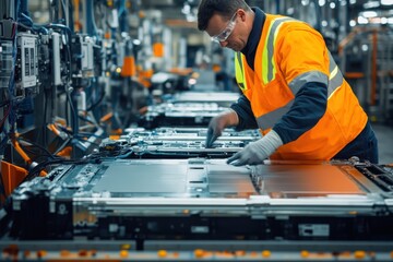 A focused technician in an orange safety vest and gloves is working meticulously on a large electric