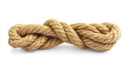 Natural, biodegradable jute rope tied in a secure knot or loop against a pristine white backdrop, showcasing its rustic charm and practical用途。 
