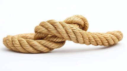 Natural, biodegradable jute rope tied in a secure knot or loop against a pristine white backdrop, showcasing its rustic charm and practical用途。 