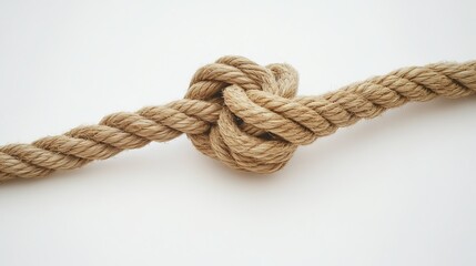 Natural, biodegradable jute rope tied in a secure knot or loop against a pristine white backdrop, showcasing its rustic charm and practical用途。 