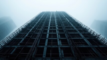 Fototapeta premium Abstract view of a skyscraper under construction in fog