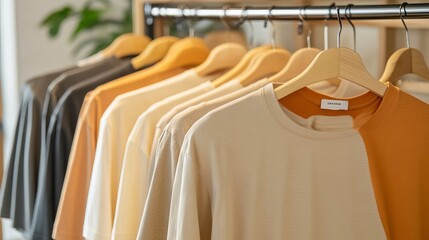 Obraz premium Neutral-toned t-shirts designed for both men and women, featuring a blank canvas for customizable designs. The collection includes various beige and orange t-shirts displayed on a clothing line
