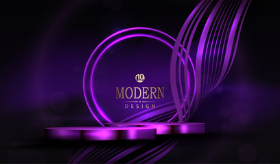 Purple round frame with ribbons and glitter on a black background.