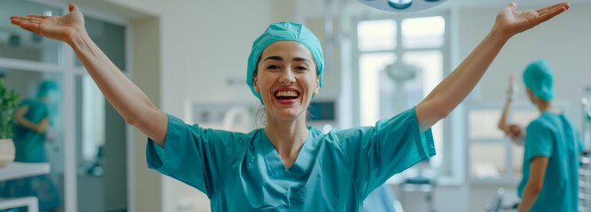 A woman in scrubs and a surgical cap is smiling and raising her arms in the air