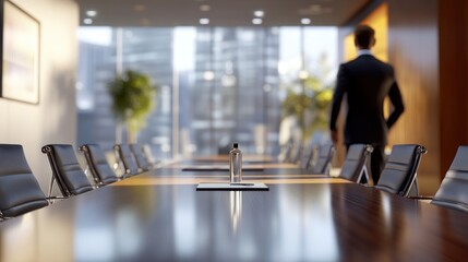 Fototapeta premium A modern conference room with a table set for a meeting, featuring a lone water bottle.