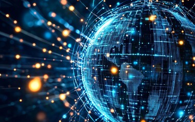 Obraz premium A digital globe surrounded by glowing lines and dots, symbolizing connectivity and technology.