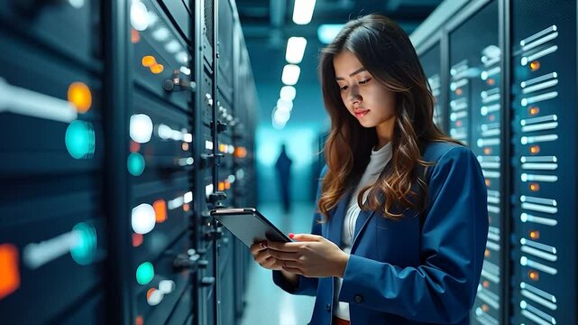 Woman in Blue Suit Using Tablet in a Data Center Server Room