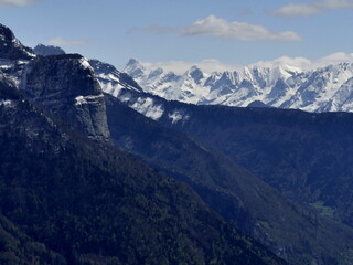 alpine landscape seen from mont Baron observatory with Pointe percee and Mont Charvet summit. Mountain range with snow in spring in french alps