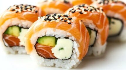 A close-up of sushi rolls topped with salmon, showcasing vibrant colors and textures.